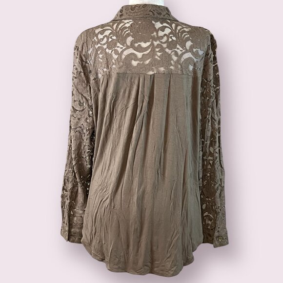 Chico's Burnout Lace Mesh Shirt Blouse Brown Sheer Floral Button Front Top Large - Picture 2 of 5